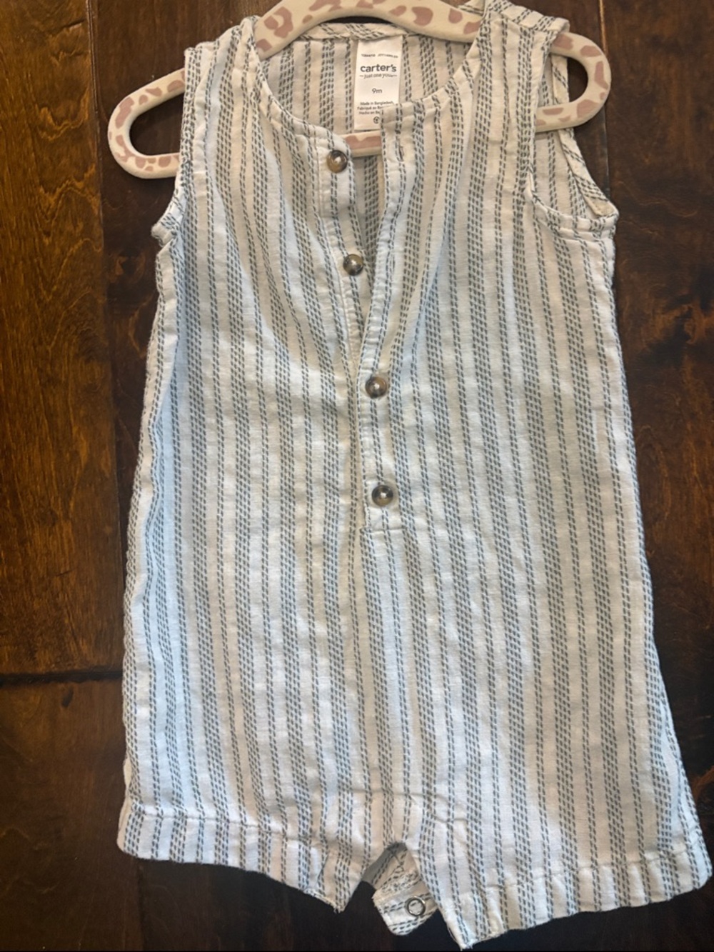 Carter's Blue and White Striped Sleeveless Romper, linen-cotton blend